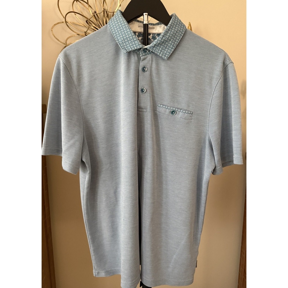 Ted Baker Polo Shirt Mens Large Blue Modal Blend Pattern Collar Pocket